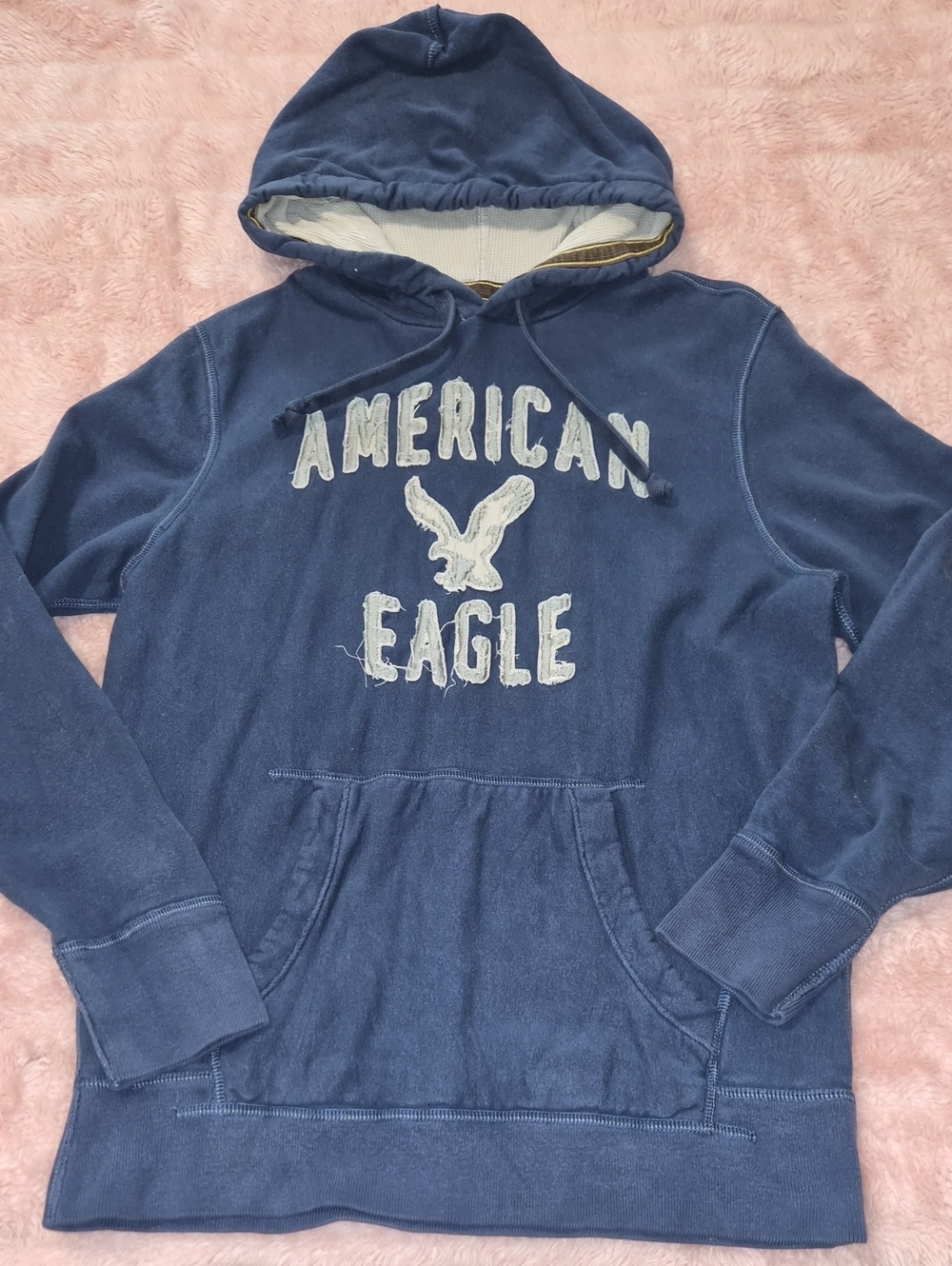 American Eagle Outfitters Navy Pullover Hoodie with Distressed Logo